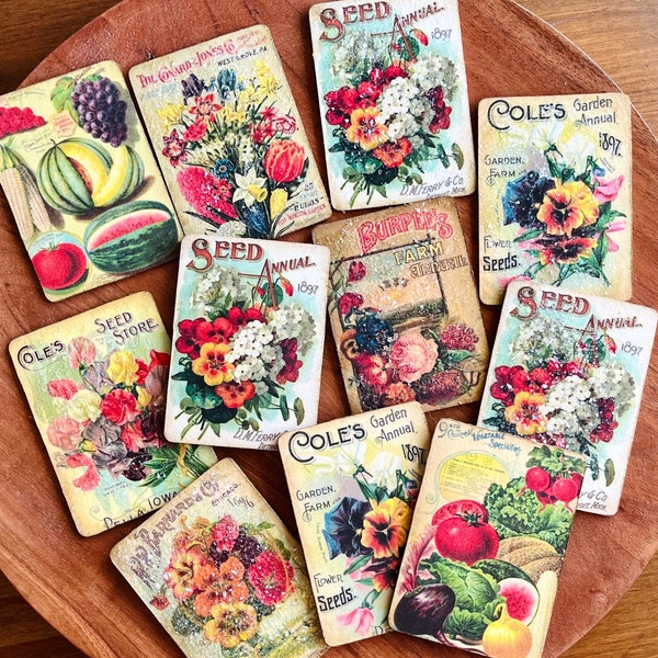 Vintage Seed Packet Magnets Spring Retro Decor Handmade Wood Magnets Old World Art Deco Easter Kitsch Spring Ephemera