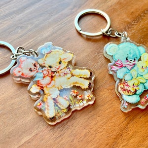 Vintage Style Keychains Kawaii Kitsch Glitter Epoxy Acrylic Cute Keychains Retro Keychain Kitsch Baby Animals Vintage Nursery Baby Animals