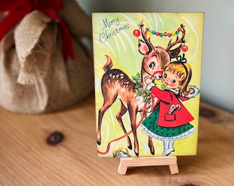 Vintage Christmas Reindeer Decor Plaque Shelf Sitter Kitsch Little Girl and Reindeer 1950s Cute Christmas Plaque Sign Christmas Decorations