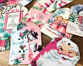 Kitsch Pink Christmas Gift Tags, Retro Snowman & Santa (Set of 9)