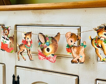 Retro Reindeer Christmas Banner: Kitschmas Vintage Holiday Garland Rudolph Deer