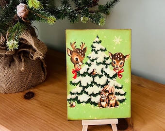 Vintage Christmas Reindeer Plaque, Kitsch Santa Decor, 1950s Style