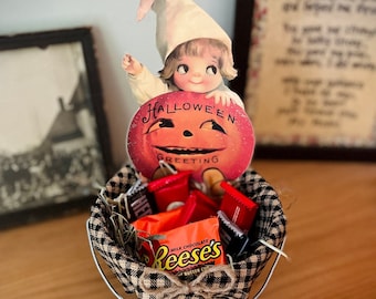 Vintage Halloween Candy Bucket: Handmade Table Decor, Gift Basket