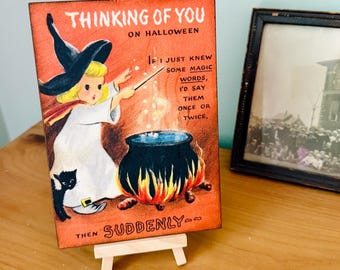 Vintage Style Halloween Witch Plaque: 1950s Greeting Card Reprint Shelf Sitter