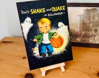 Vintage 1950s Halloween Plaque: Kitsch Trick-or-Treater Shelf Sitter