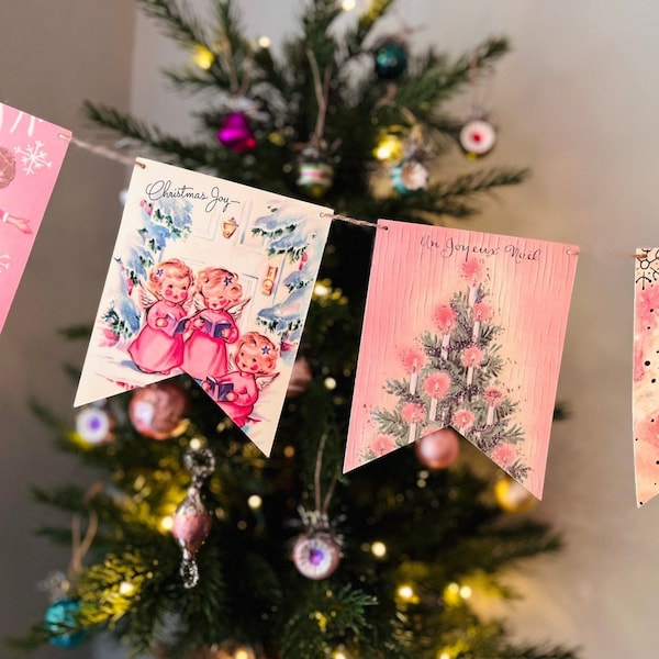 Vintage Pink Christmas Decor Shabby Chic Banner Retro Garland Bunting Kitsch Bunting Holiday Wall Party Pink Christmas Decorations