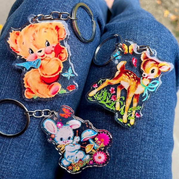 Vintage Style Keychains Kawaii Kitsch Glitter Epoxy Acrylic Cute Keychains Retro Keychain Kitsch Baby Animals Vintage Nursery Baby Animals