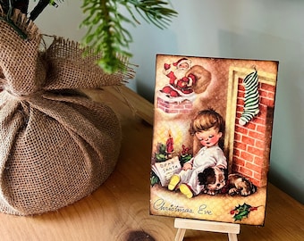 Vintage Kitsch Christmas Plaque, Boy and Puppy Waiting for Santa