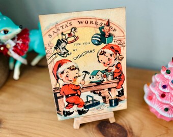 Vintage Christmas Plaque: 1950s Kitsch Elves Decor, Handmade