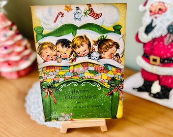 Vintage Christmas Plaque: Kitsch Children in Bed, Diamond Dust Finish