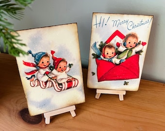 Vintage Kitsch Christmas Plaque: 1950s Sledding Children Decor
