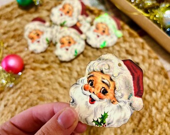 Handmade Vintage Santa Christmas Gift Tags, Kitsch Retro Holiday Decor (Set of 12)