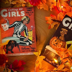 Vintage Halloween Decor Plaque Shelf Sitter Halloween 1950s Retro Calling All Girls Magazine Halloween Fall Decor Vintage Magazine Covers