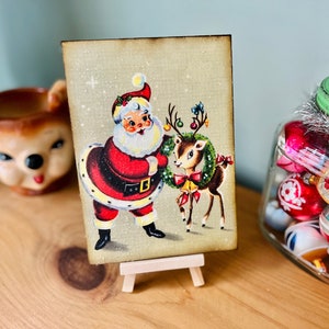 Vintage Christmas Reindeer Decor Plaque Shelf Sitter Kitsch Santa and Reindeer 1950s Cute Christmas Plaque Santa Sign Christmas Decorations