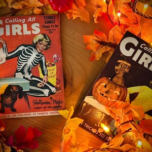Placa de decoración de Halloween vintage, estante para colocar, Halloween, años 50, retro, revista "Calling All Girls", decoración de Halloween, portadas de revistas vintage