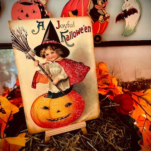 Vintage Style Halloween Decor Plaque Shelf Sitter Kitsch Witch Cute Retro Halloween Plaque Witch Sign Halloween Decoration Fall Farmhouse