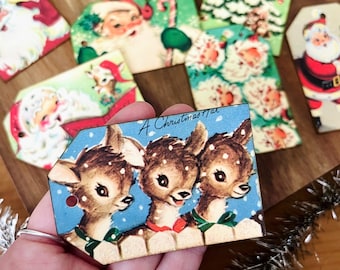 Kitsch Christmas Gift Tags, Retro Snowman, Reindeer, Santa (Set of 9)