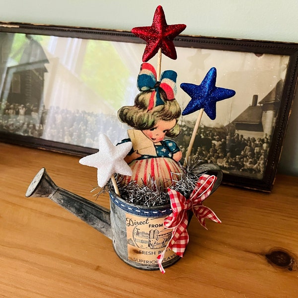 Vintage 4th of July Decor Patriotic Girl Watering Can Retro Table Decor Americana Independence Day Memorial Day Stars and Stripes