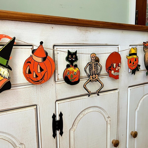 Retro Halloween Garland, Spooky Witch Skeleton Pumpkin Kitsch Character Banner