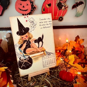 Placa decorativa de Halloween de estilo vintage, estante para colocar, bruja kitsch, años 50, linda placa de Halloween, letrero de bruja, decoración de Halloween, gato negro, otoño