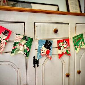 Vintage Snowman Banner Vintage Christmas Decor Retro Garland Bunting Kitschmas Holiday Wall Party Vintage Christmas Decorations Snowmen