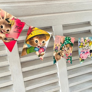 Vintage Easter Bunting Retro Spring Banner Kitsch Decor Old World Bunnies Chicks Easter Decoration Easter Garland Spring Wall Decor