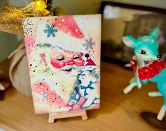 Kitsch Pink Santa Plaque, Handmade Retro Christmas Decor