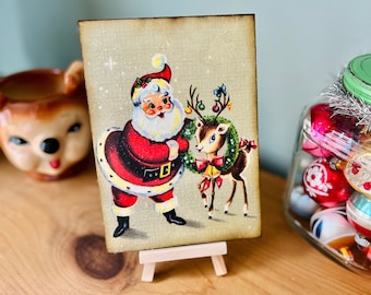Vintage Kitsch Christmas Plaque: Santa and Reindeer Shelf Decor