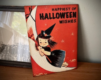 Vintage Style Halloween Decor Plaque Shelf Sitter Kitsch Witch 1950s Cute Halloween Plaque Orange Witch Sign Halloween Decoration Fall
