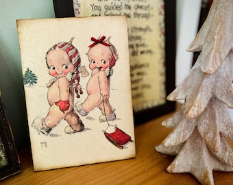 Vintage Style Christmas Kewpie Decor Plaque Shelf Sitter Kewpie Cute Christmas Plaque Holiday Decoration Kitsch Kewpie Doll Kewpie Christmas