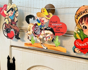 Vintage Cowboy Cowgirl Valentines Day Retro Banner Valentines Decor Garland Kitsch Die Cut Western Wall Decor Retro Valentines Day Cards