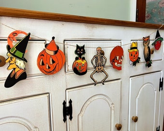Retro Halloween-girlang, kuslig häxaskelettpumpa kitschkaraktärsbanderoll