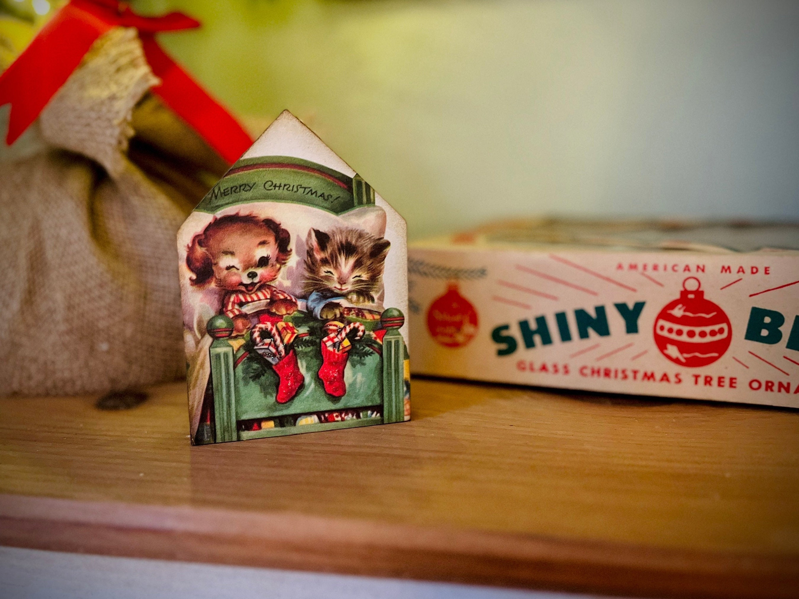Vintage Christmas Decorations Dog and Cat in Bed Shelf Sitter Retro Christmas House Shaped Wood Sign Vintage Christmas Decor Kitschmas