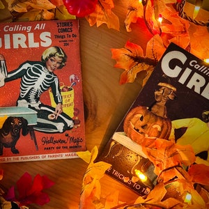 Vintage Halloween Decor Plaque Shelf Sitter Halloween 1950s Retro Calling All Girls Magazine Halloween Fall Decor Vintage Magazine Covers