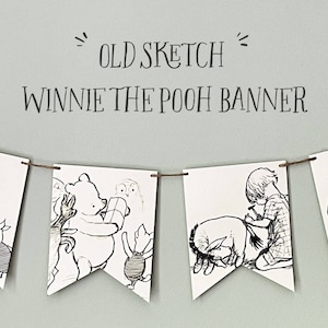 Guirnalda de banderines para baby shower con diseño clásico de Winnie the Pooh, fondo con boceto antiguo, osito de Pooh de A. A. Milne, decoración vintage para baby shower