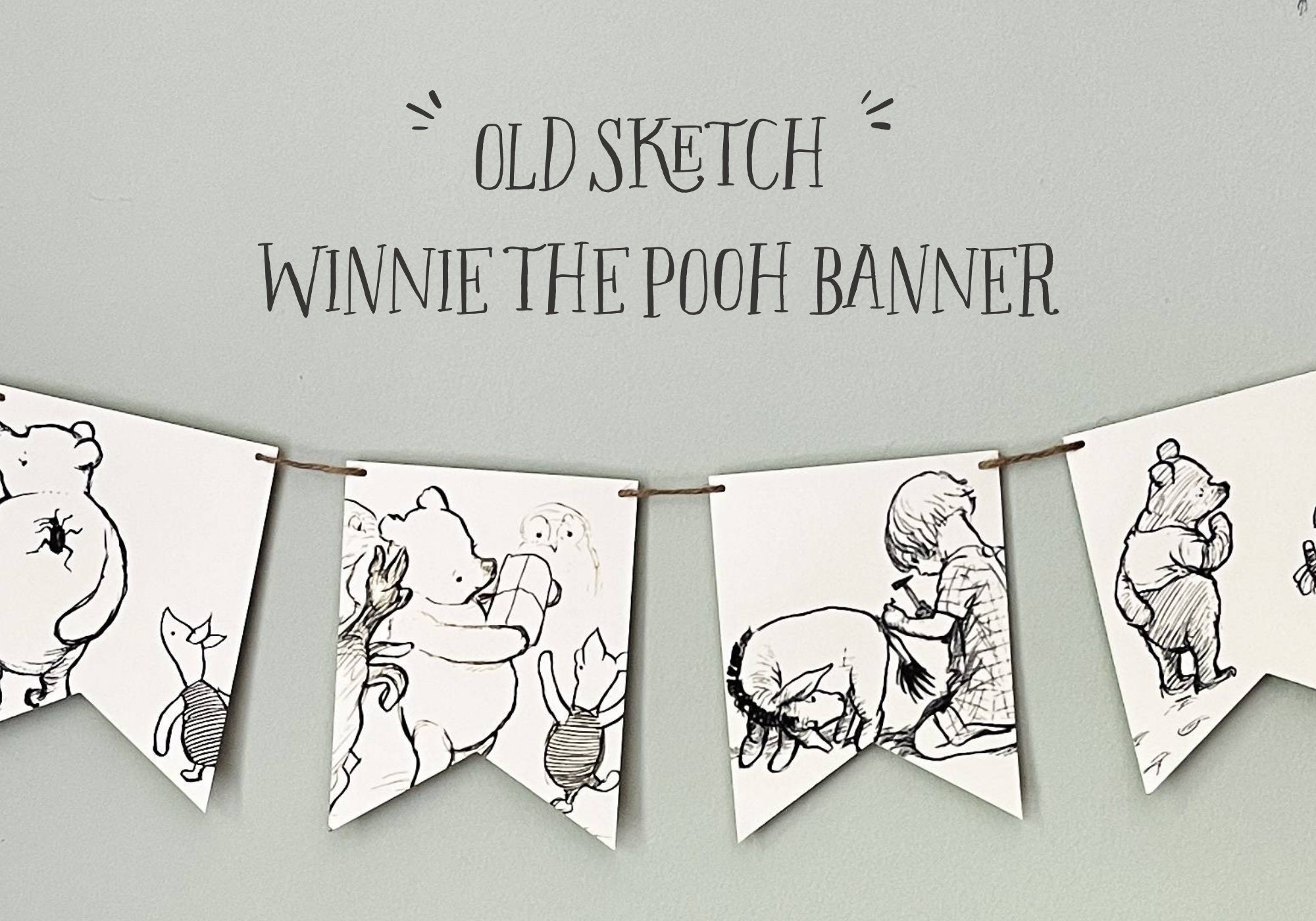 Classic Winnie the Pooh Banner Baby Shower Bunting Garland Backdrop Old Sketch A A Milne Pooh Bear Vintage Baby Shower Decor