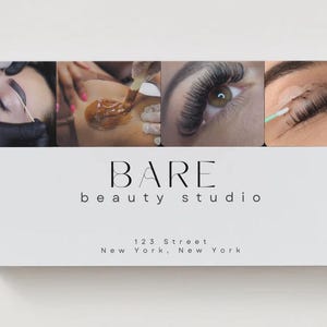 May include: A white business card with the text "BARE beauty studio" and address information. The top of the card features four images showcasing beauty treatments, including eyebrow shaping, waxing, and eyelash extensions.