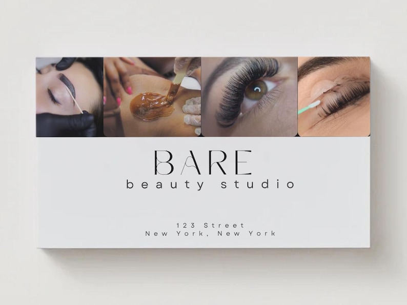 May include: A white business card with the text "BARE beauty studio" and address information. The top of the card features four images showcasing beauty treatments, including eyebrow shaping, waxing, and eyelash extensions.