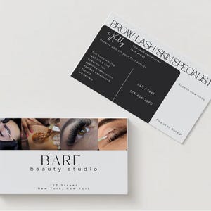 May include: Two business cards. One card is white with black text that reads "BROW LASH SKIN SPECIALIST" and "Kelly". The other card is white with the text "BARE beauty studio". The cards are on a white background.