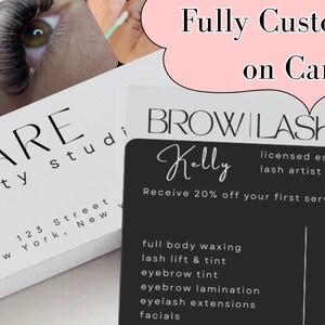 May include: A business card design for a beauty studio, featuring the text "BARE beauty studio" and contact information. The card also includes a black section with services offered, such as waxing and lash services, and the text "Fully Customizable on Canva".