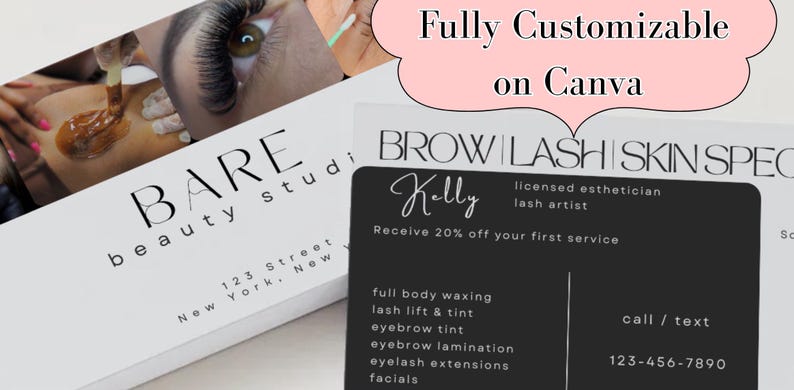 May include: A business card design for a beauty studio, featuring the text "BARE beauty studio" and contact information. The card also includes a black section with services offered, such as waxing and lash services, and the text "Fully Customizable on Canva".
