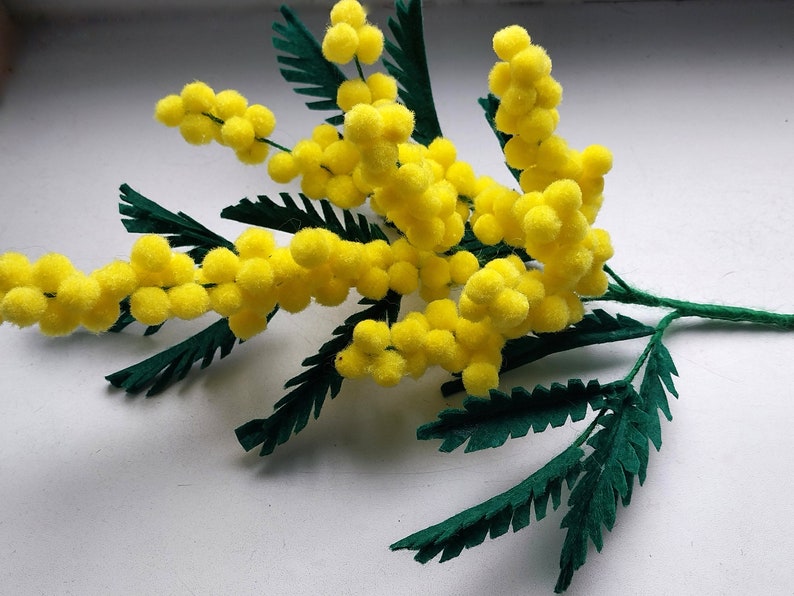 Felted flowers yellow mimosa branch image 1