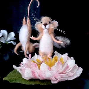 Needle Felted yogi mice with lotus flower dzen composition