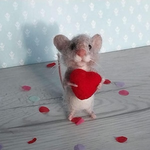 Needle Felted Mouse with Heart: Personalized Valentine&#39;s Gift