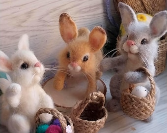 Needle Felted Easter Bunny with Basket: Wool Easter Decoration