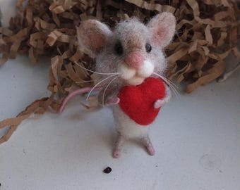 St. Valentine's Day Felted Mouse with Heart: Personalized Valentine's Gift