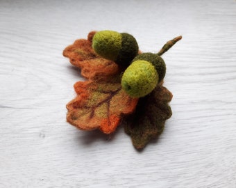 Felted acorns brooch, felted oak branch