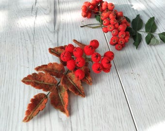 May include: A felt craft of a branch of red berries with brown leaves. The berries are clustered together and have a realistic appearance.
