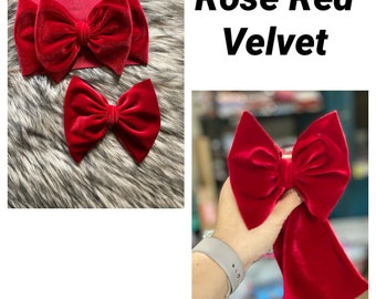 Red Velvet Hair Bow with Blue Rose