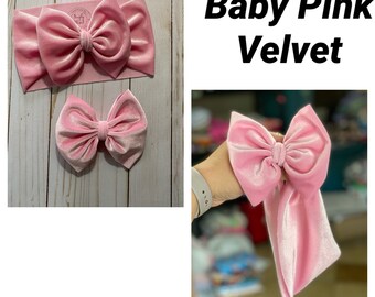 Baby Pink Velvet Head Wrap, Clip, Nylon or Piggy Bows
